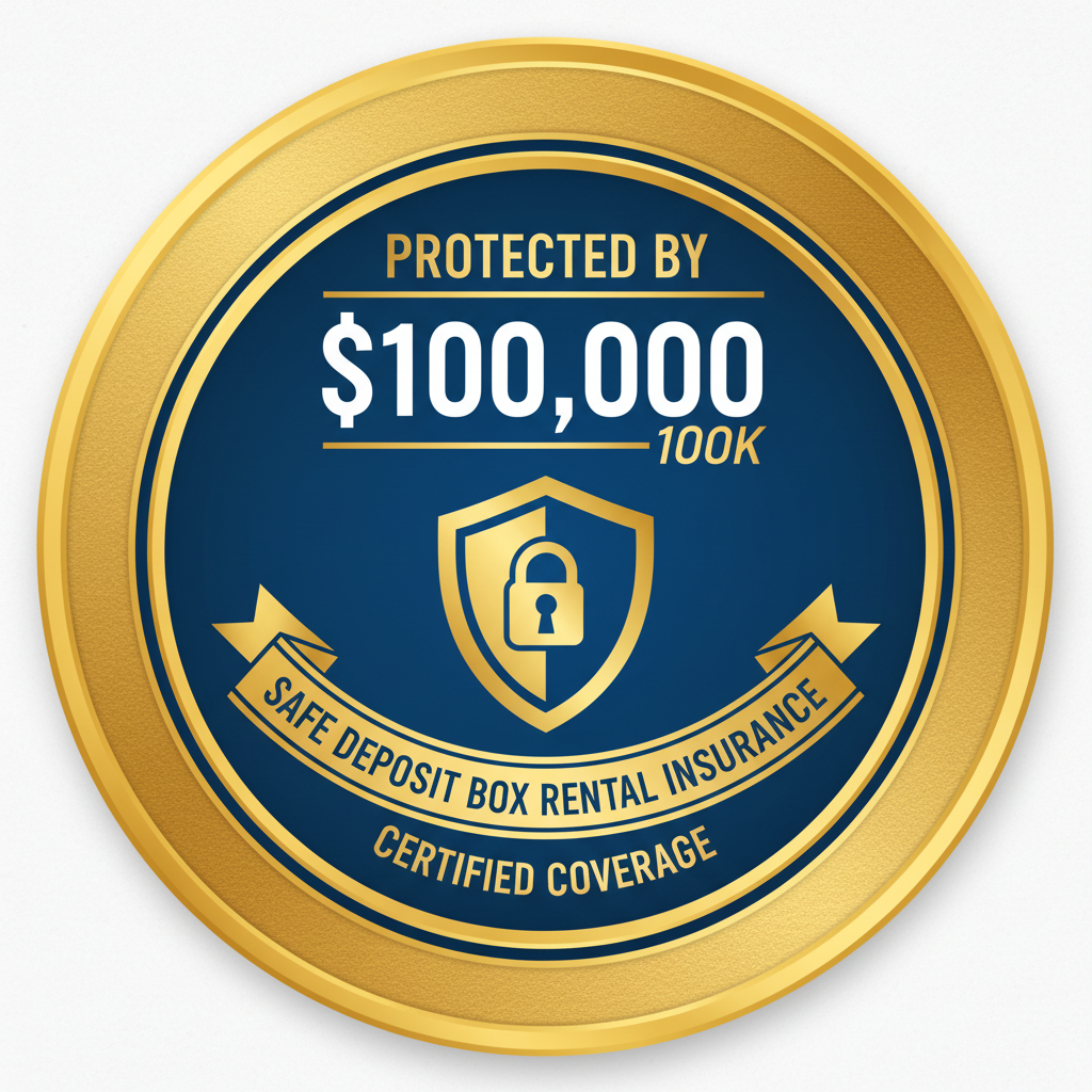 Circular badge with gold border and blue center, featuring text about $100,000 safe deposit box rental insurance.