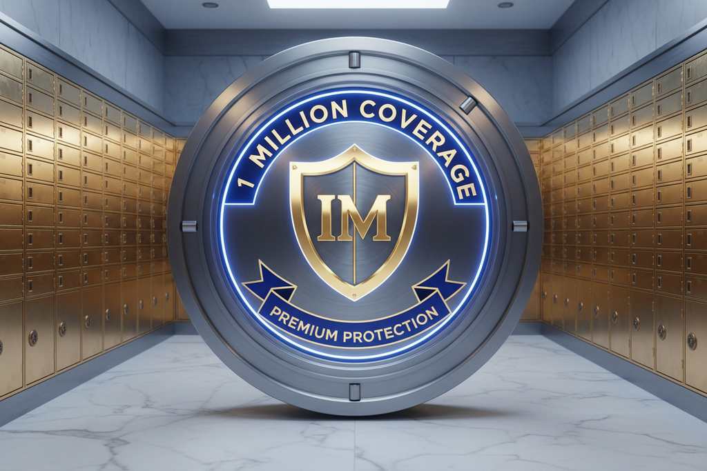 Circular logo with '1 Million Coverage' and 'IM' branding in a vault-like setting.