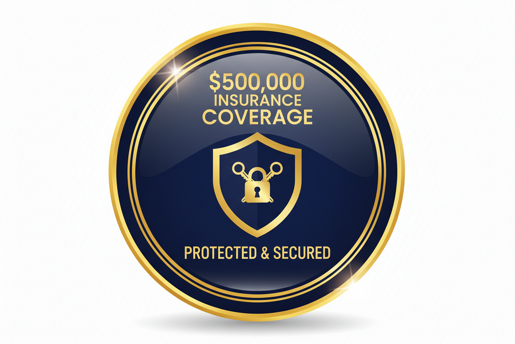 Navy blue and gold emblem with $500,000 insurance coverage text on a white background