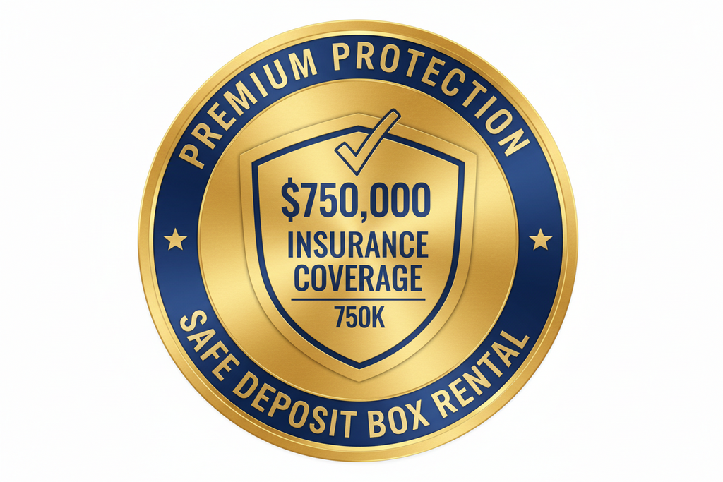 Gold and blue emblem with insurance coverage text on a white background